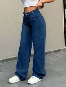 EURMUSE Low Waist Button Detailed Snow Wash Straight Cut Jean - Dark Wash - View 8