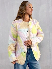 EURMUSE Graphic Print Button Front Quilted Winter Coat - Multicolor - View 3