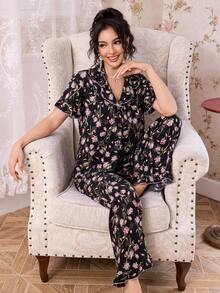 CottageSlumber Ruffled Collar Open Front Floral Print Short Sleeve Pajama Set For Women - Multicolor - View 3