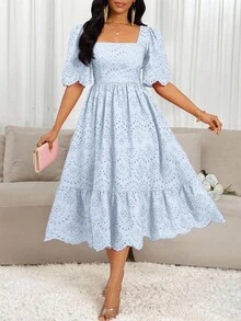 SHEIN Lady Váy dài vừa phải thêu rỗng màu trơn thanh lịch dành cho nữ - Màu xanh nhạt - Xem 4