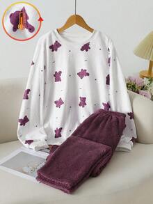 2 件套少女睡衣套装，柔软毛绒面料，可爱小熊全身印花上衣和配套裤子，时尚舒适，深粉紫色 - 紫色 - 查看 3