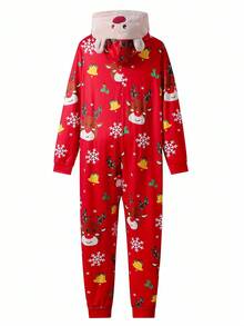 Men's Red Christmas Graphic Long Sleeve Hooded Jumpsuit Loungewear Christmas Family Pajamas Hooded Pajamas, For Fall, Winter