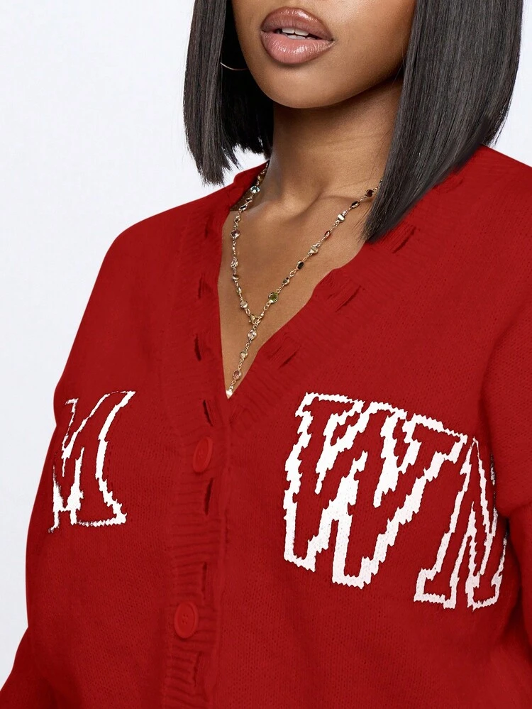 SUMWON WOMEN Button Down Cardigan With Distressed Hem And Varsity Letters