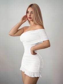 Sweetina Vestido mini asimétrico con hombros descubiertos y malla ajustada - Blanco - Ver 4