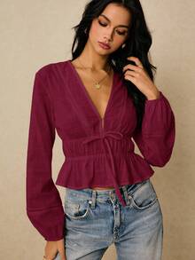 Poéselle 女士优雅纯色通勤衬衫，正面系带，荷叶边下摆，秋季