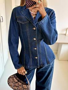 Siren Gaze 女士深蓝色牛仔外套，长袖高腰大衣，复古富贵风，INS风办公室穿搭，秋季冬季外套 - 深色水洗藍 - 查看 1