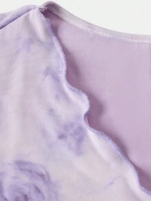 SHEIN Girlism Áo thun tay loe nhún bèo họa tiết hoa thanh lịch, vừa vặn cho bé gái tuổi teen, thích hợp mặc vào mùa thu/xuân, mặc thường ngày - Màu tím hoa cà - Xem 3