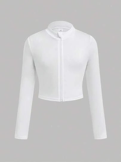 Tween Girls Simple Casual Stretchy Elastic Long Sleeve Tee, Basic Front Zipper-Up, Stand-Neck, And Tight Fit Long Sleeves Jacket For Daily Wear, Sports Style Teen White Jacket White Jacket Teen White White Zip Up Jacket Cropped Jacket White Cropped Jacket Fall Winter Cropped White Jacket White Tops