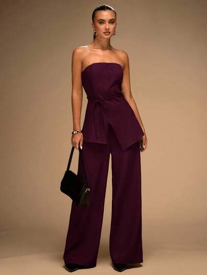 SHEIN BAE 女士时尚性感纯色抹胸上衣和裤子套装