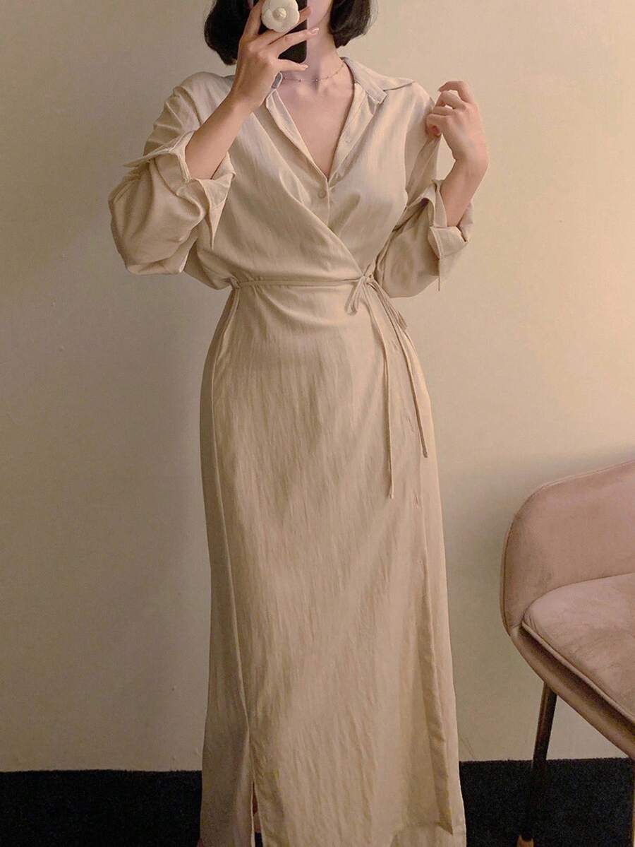 女式翻领系带宽松长袖衬衫，驼色，春夏 - 駝色 - 查看 1