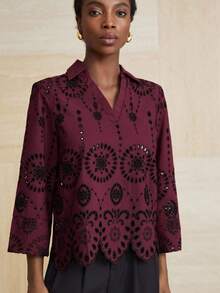 Aveloria Modichic French Elegant Elaborately Embroidery V-Neck Asymmetric Hem Long Sleeve Blouse For Women  - Red - View 6