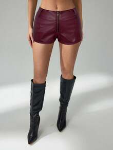 SHEIN Tall 女式纯色拉链紧身性感修身短裤 - 酒紅色 - 查看 4