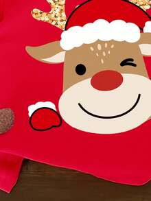 SHEIN Happikins Merry Christmas Baby Girl Red Summer Casual Graphic Family Matching Reindeer Print Crew Neck Short Sleeve T-Shirt,Cute Holiday Toddler Top - Multicolor - View 6