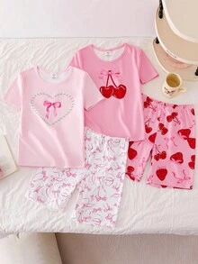 4件套少女简约甜美粉色蝴蝶结和樱桃印花短袖短裤睡衣套装 - 粉色 - 查看 1