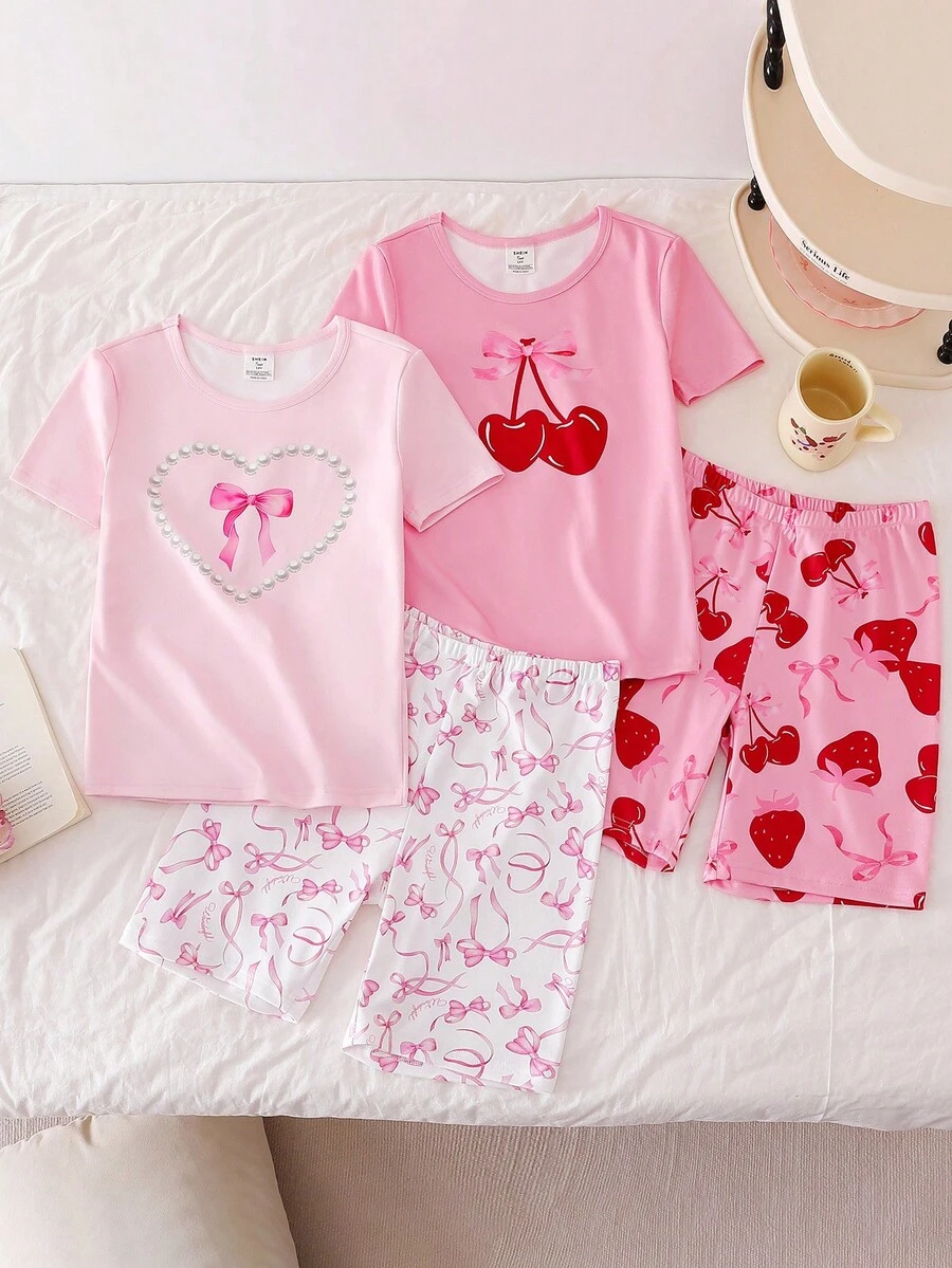 4件套少女简约甜美粉色蝴蝶结和樱桃印花短袖短裤睡衣套装 - 粉色 - 查看 1
