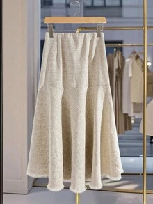 Modelyn 女士高腰毛边下摆优雅通勤裙 - 卡其色 - 查看 2