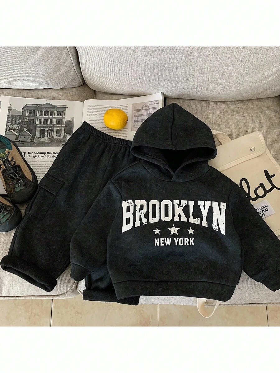 Conjunto de sudadera con capucha y pantalones con estampado de letras para bebé niño, 2 piezas - Negro - Ver 1