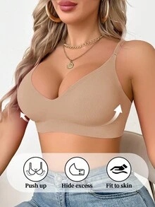 Set de 3 sujetadores inalámbricos sin costuras para mujeres, con relleno, cuello en V, de unicolor y diseño minimalista, cómodos - Multicolor - Ver 3