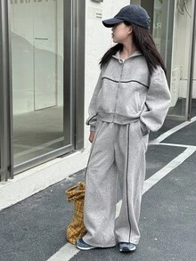 DAZY 两件套少女连帽针织抓绒卫衣裤套装，秋冬季 - 灰色 - 查看 2