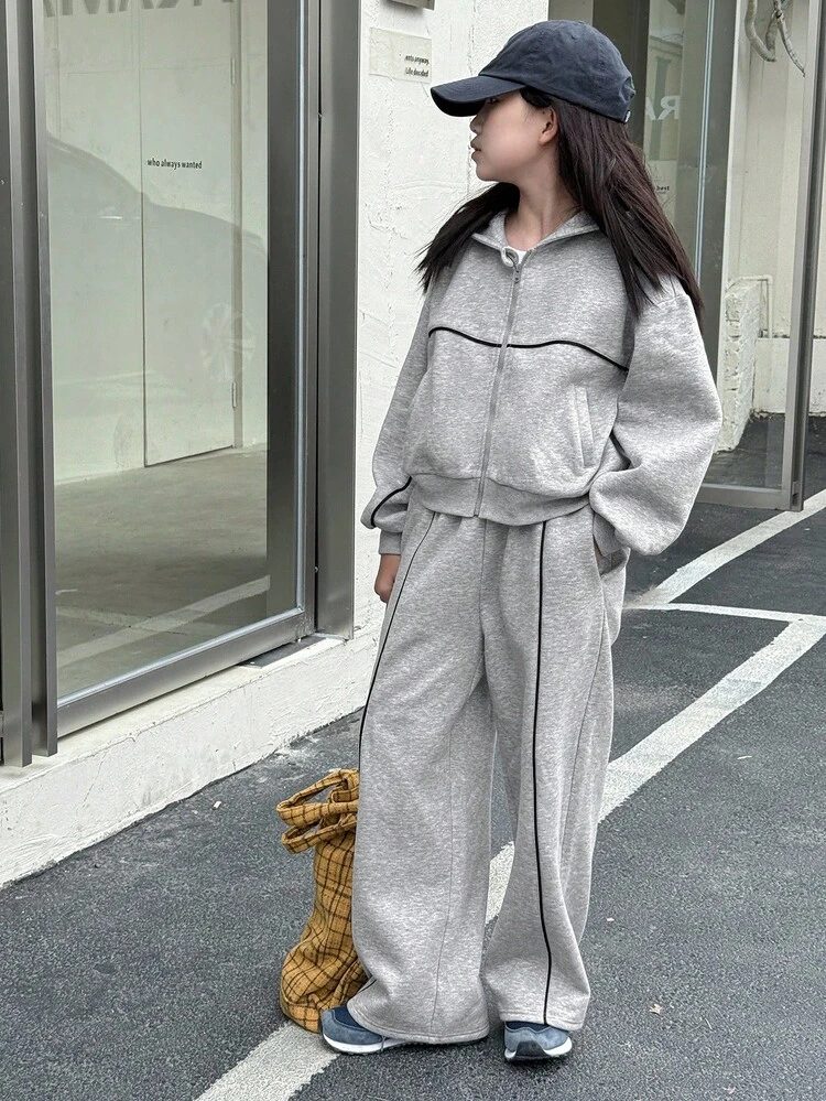 2pcs Tween Girls Hooded Knit Fleece Sweatshirt Sweatshirt And Pants Set, Fall,Winter