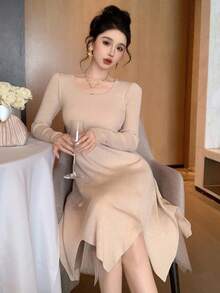 DAZY Women's Autumn Patchwork Asymmetrical Hem Waist Cinched Sweater Dress