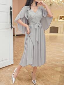 DAZY Chiffon Patchwork Cap Sleeve Belted Women's Mid-Length Dress Sundress - Blue - View 3