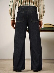 Manfinity Homme 男士深蓝色休闲宽松牛仔裤 - 深色水洗藍 - 查看 2