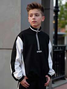 Teenage Boys' Minimalist Black & White Contrast Color Block Letter Print Pullover Jacket, Loose Fit, Comfortable, Versatile, Suitable For Autumn, Spring, Winter, Daily Wear, Commuting, Outdoor, Sports, School, Streetwear, Party, Photography Fall - Multicolor - View 1