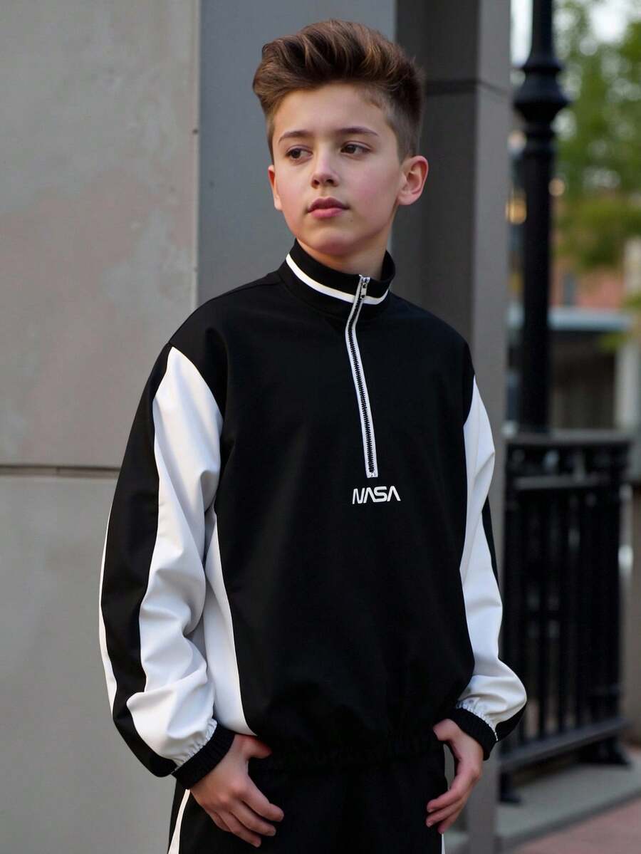 Teenage Boys' Minimalist Black & White Contrast Color Block Letter Print Pullover Jacket, Loose Fit, Comfortable, Versatile, Suitable For Autumn, Spring, Winter, Daily Wear, Commuting, Outdoor, Sports, School, Streetwear, Party, Photography Fall - Multicolor - View 1