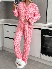EURMUSE Women 2 Pcs Button Front With Animal Pattern Pocket Detail Long Sleeve Shirt&Pants Homewear Pajama Set Womens Pajama Set Pajama Pink Pink Pajamas Pink Animal Print Pajamas Animal Print Pajama Set - Pink - View 3