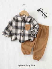 Cozy Pixies 2 件套男婴彩色格子领撞色口袋长袖开衫和纯色松紧腰九分裤套装