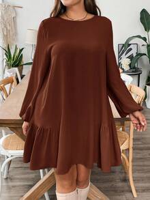 SHEIN Essnce Váy kaki dài tay rộng rãi, thoải mái cho mùa thu đông cỡ lớn dành cho nữ, váy ngắn mùa thu, trang phục mùa thu cho nữ, trang phục công sở, váy công sở cho nữ, dạ hội, trang phục giáo viên, váy cong - Rỉ Nâu - Xem 3