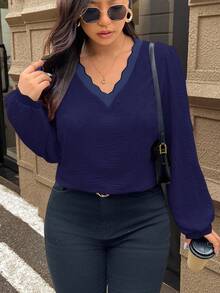 SHEIN Frenchy 秋季大码撞色饰边休闲宽松纹理面料长袖衬衫 - 藏蓝色 - 查看 5