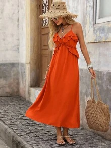 Brillora Vacation Style Women's Splice Ruffle Hem Cami Dress - Orange - View 5