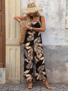 Brillora Tropical Print Wide Leg Cami Jumpsuit