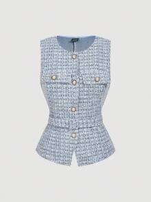 SHEIN MOD Women's Elegant Lightweight Vest Blazer (With Belt) - Blue - View 1