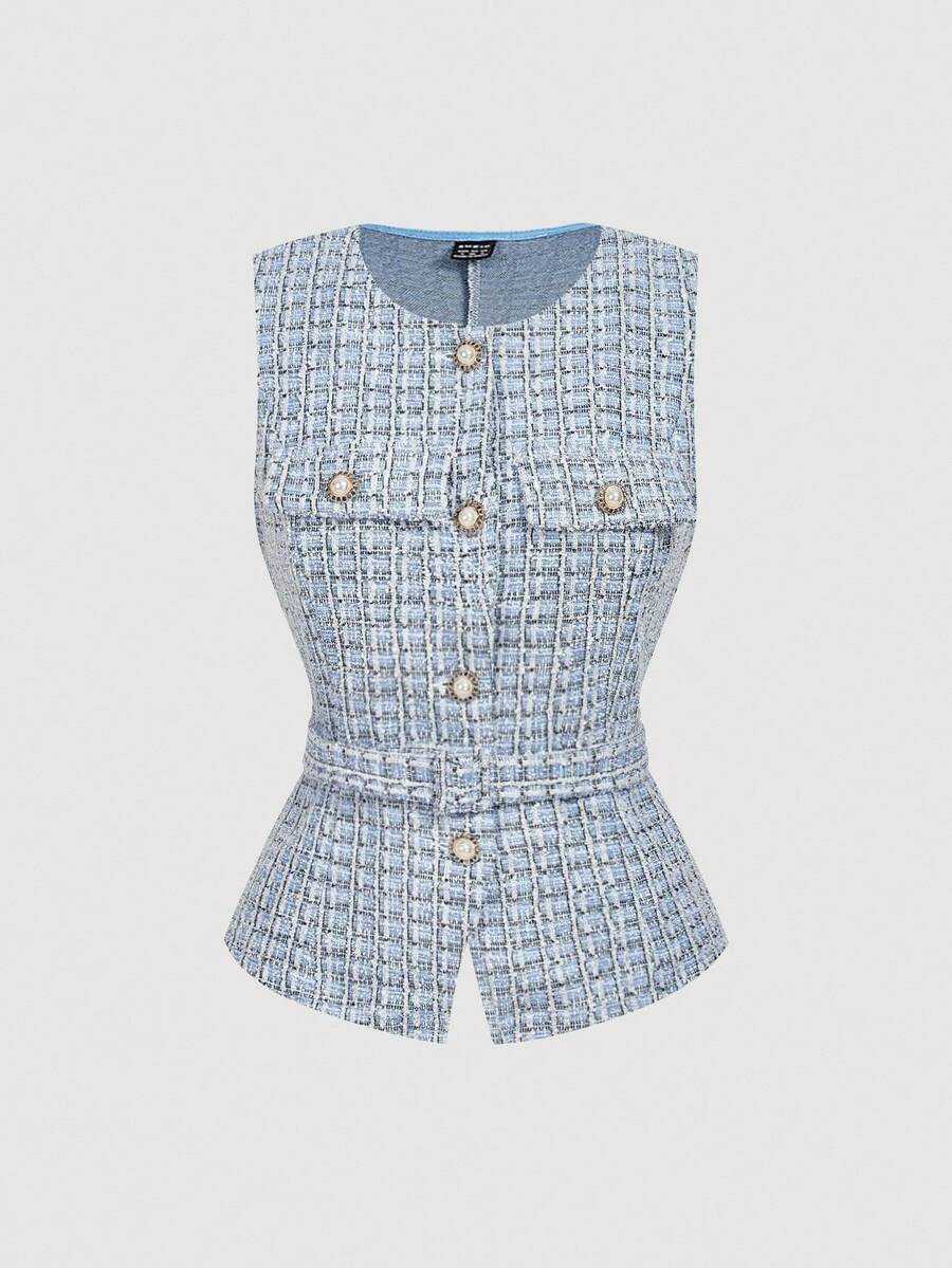 SHEIN MOD Women's Elegant Lightweight Vest Blazer (With Belt) - Blue - View 1