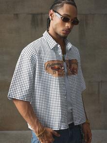 AXEPEAK 休闲街头时尚复古格子印花男士短袖衬衫 - 黑與白 - 查看 6
