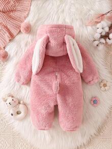 SHEIN Playful Pals 新生儿羊毛连帽连体衣，带有可爱的 3D 兔耳朵，长袖和裤子，儿童冬季服装 - 粉色 - 查看 3