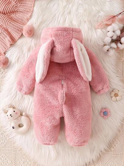 SHEIN Playful Pals 新生儿羊毛连帽连体衣，带有可爱的 3D 兔耳朵，长袖和裤子，儿童冬季服装