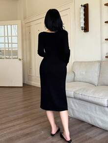 SHEIN LUNE Vintage Solid Color Square Neck Knitted Cinched Waist Versatile Dress, Autumn/Winter - Black - View 2