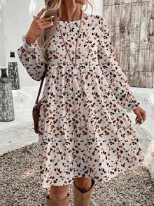 EMERY ROSE Plus Size Casual Ditsy Floral Loose Fit Round Neck Dress, Suitable For Autumn/Winter - Apricot - View 4