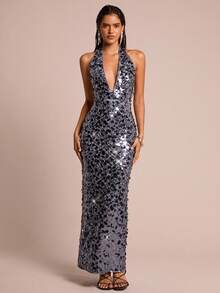 Glamine 女士性感优雅时尚V领露背派对连衣裙 - 黑色 - 查看 7