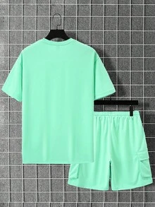 Manfinity Homme Men'S Solid Color Short Sleeve T-Shirt And Shorts Set - Green - View 2