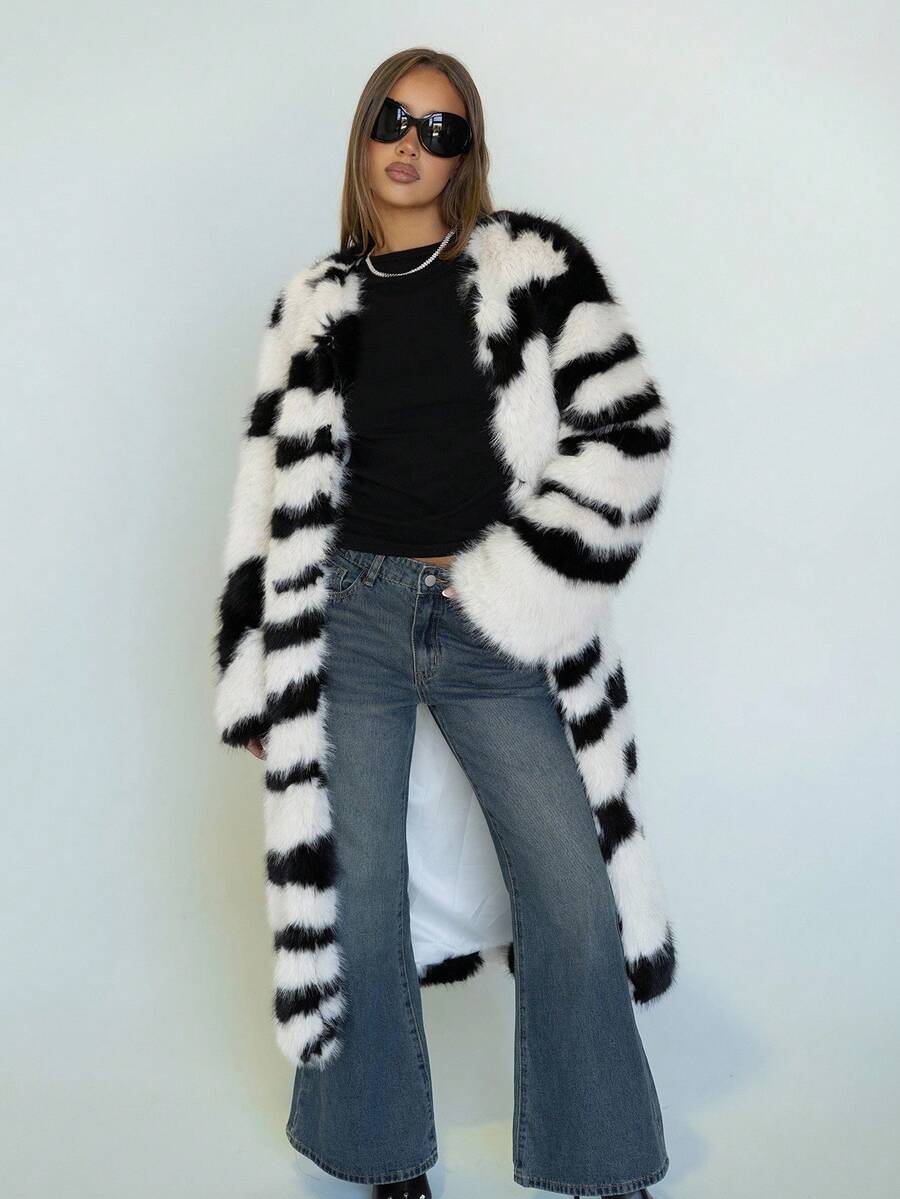 SHEIN ICON 女士斑马纹时尚拼色仿皮草夹克，长款仿皮草外套冬季外套皮草外套泰迪熊外套 - 黑與白 - 查看 1