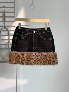 Elamini Damen Patchwork Leopard Kunstfell Jeans Mini Rock mit Taschen