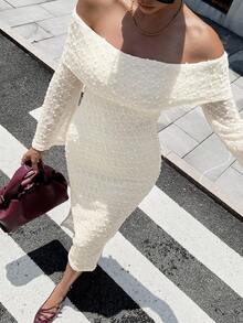Chiquease Off Shoulder Knit Bodycon Dress, Sexy & Slimming, Long Sleeve - Apricot - View 1