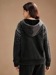 Anewsta Women's Charcoal Gray Oversized Rhinestone Decor Hooded Sweatshirt,Long Sleeve Drawstring Hoodie For Autumn,Casual Night Out,Urban Commute,Winter - Black - View 2