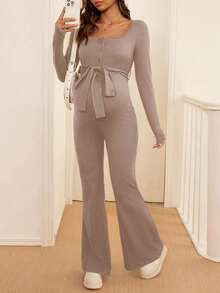 SHEIN Maternity Solid Color Simple Long-Sleeved Jumpsuit - Khaki - View 3