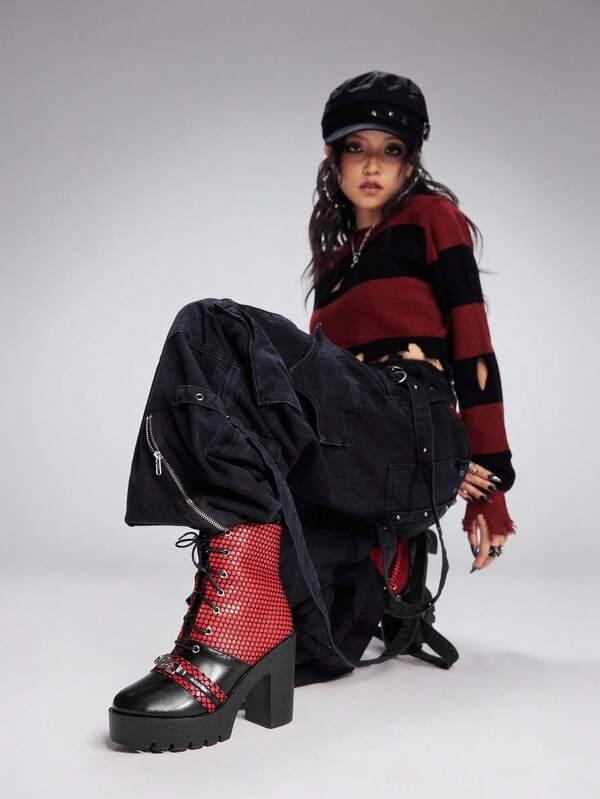 Sugerpunk Women's Gothic Round Toe Chunky Heel Platform Punk Boots, Suede & PU Patchwork, Black High Heel Boots Suitable For Party, Daily Wear, Evening Dress, Height Increasing And Leg Lengthening